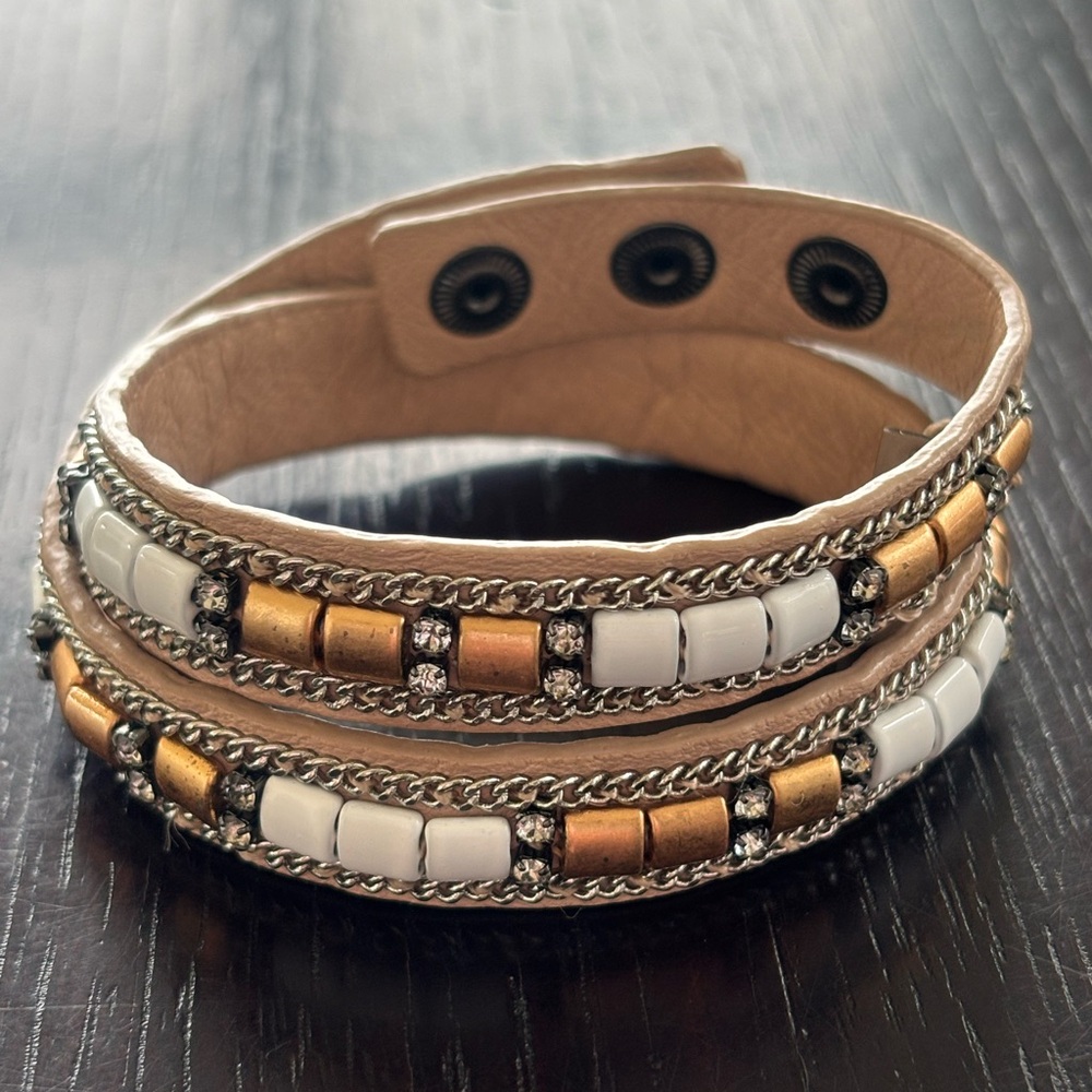 Stella and Dot Gold and White Beaded Cady Wrap Bracelet